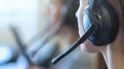 Poster - Call center operator wearing headset is working in the office