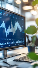 Poster - A screen displays fluctuating financial data with a keyboard nearby in a bright workspace filled with greenery