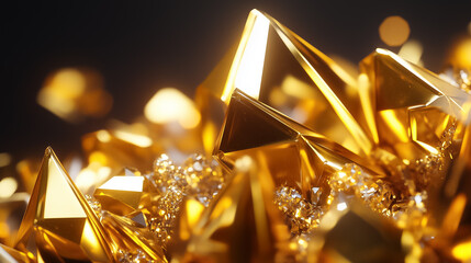 Poster - Golden crystals sparkle vividly against a dark backdrop, highlighting their sharp facets and reflective surfaces