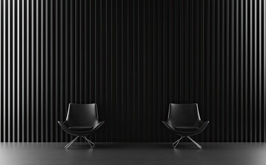 modern interior design. A minimalistic wall with vertical lines and two armchairs in the room. This interior background is suitable for a presentation or a mock-up