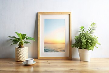 Poster - Minimalist Wooden Frame Mockup on White Wall: Perfect for Showcasing Art, Photography, or Design Projects in a Clean and Modern Aesthetic Ideal for Interior Decor Inspiration