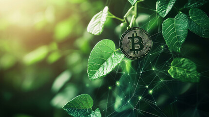 Poster - Bitcoin cryptocurrency trading and investment concept. Financial technology, Fintech and digital money. Bitcoin save the green world idea. illustration