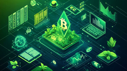 Poster - Bitcoin cryptocurrency trading and investment concept. Financial technology, Fintech and digital money. Bitcoin save the green world idea. illustration