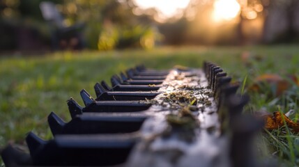 A close-up shot of the lawn dethatcher's blades, capturing the details and any wear, with the surrounding area softly blurred.