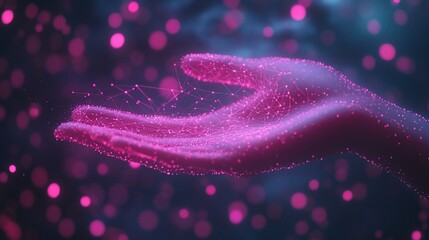 A glowing pink hand made of connected lines and dots, reaching out against a dark background with pink bokeh lights.