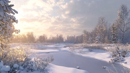 Poster - winter sunrise illuminating snowy trees and frozen river landscape