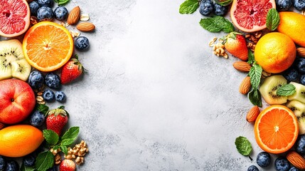 Fototapete - A vibrant smoothie bowl topped with fresh fruits nuts and seeds arranged beautifully on a light-colored table symbolizing healthy eating with side empty space for text, Stockphoto style