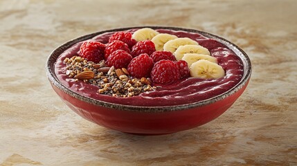 Aufkleber - A vibrant smoothie bowl topped with fresh fruits nuts and seeds arranged beautifully on a light-colored table symbolizing healthy eating with side empty space for text, Stockphoto style