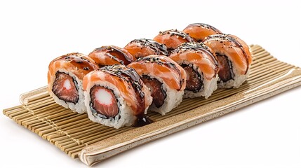 Aufkleber - Top-down view of a deliciously plated sushi assortment with colorful rolls on a bamboo mat capturing Japanese cuisine in an elegant setting with side empty space for text, Stockphoto style