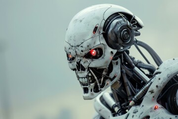Poster - White and black cyborg with red eyes is showing artificial intelligence