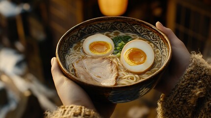 Fototapete - Hands holding a warm bowl of ramen topped with sliced pork egg and green onions on a dark wooden table conveying comfort food with side empty space for text, Stockphoto style
