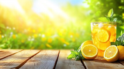 Poster - A refreshing glass of lemonade with lemon slices and mint leaves on a wooden table against a bright summer backdrop symbolizing a cool drink on a hot day with side empty space for text, Stockphoto