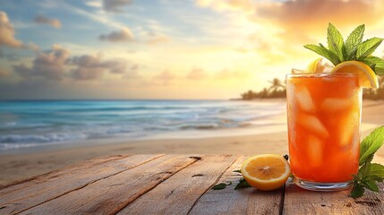 Poster - A refreshing glass of lemonade with lemon slices and mint leaves on a wooden table against a bright summer backdrop symbolizing a cool drink on a hot day with side empty space for text, Stockphoto