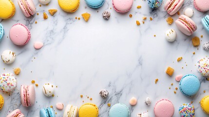 Poster - A selection of colorful macarons arranged on a marble surface in pastel shades creating an elegant dessert moment with side empty space for text, Stockphoto style