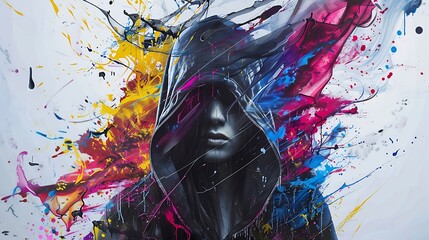 Wall Mural - A young woman wearing a black hoodie is standing in front of a white background.