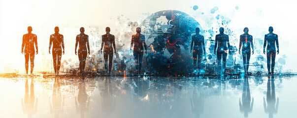 Poster - Futuristic AI and Human Collaboration Concept Banner with Globes and Circuit Patterns