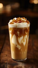 Fototapete - A tall glass of iced caramel latte with milk swirls set against a soft blurred cafe background creating a coffee culture ambiance with side empty space for text Stockphoto style