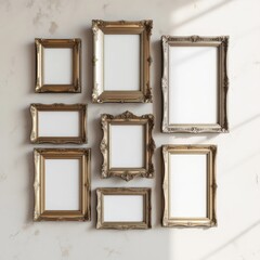 Silent Narratives: A Collection of Empty Picture Frames Adorning a Wall