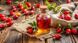 Small Vintage Bottle with Rose Hip Seed Oil for Aromatherapy - Homemade Beauty Treatment and Herbal Medicine Ingredients with Copy Space for Natural Wellness Products