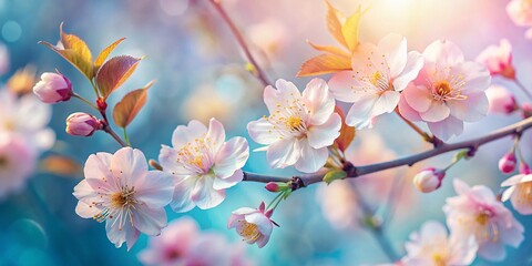 Poster - Soft Pastel Watercolor Blossoms with Translucent Leaves on a Light Blue Background - Macro Photography of Delicate Floral Beauty in Shades of Pink and Yellow