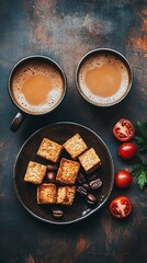 Poster - A breakfast scene of scrambled tofu with avocado and roasted tomatoes on a ceramic plate creating a plant-based meal setting with side empty space for text Stockphoto style