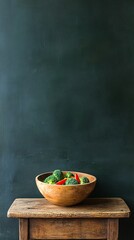 Fototapete - A warm bowl of vegetable stir-fry with bell peppers broccoli and tofu served on a rustic table capturing Asian-inspired healthy eating with side empty space for text Stockphoto style