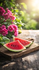 Poster - A freshly cut slice of watermelon with a bright summer background highlighting refreshing seasonal fruit with side empty space for text Stockphoto style
