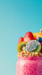 Fototapete - A close-up of a smoothie in a mason jar topped with dragon fruit kiwi and granola against a light background capturing the appeal of fresh superfoods with side empty space for text Stockphoto style