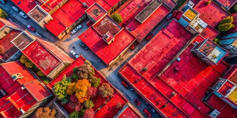Poster - Stunning Aerial Drone Photography of a Vibrant Red Textured Wall Background Perfect for Wallpaper or Artistic Design Projects, Showcasing Unique Patterns and Depth in Urban Environments
