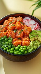 Fototapete - A bright and colorful poke bowl with tuna avocado edamame and radish on a light background capturing vibrant Hawaiian-inspired cuisine with side empty space for text Stockphoto style