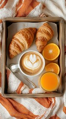 Aufkleber - A top-down view of a breakfast tray with a cappuccino fresh croissants and orange juice creating a relaxing morning setting with side empty space for text Stockphoto style