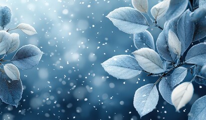 Wall Mural - Beautiful snow background with white leaves and branches, creating an enchanting winter scene. The snowflakes gently fall from the sky,