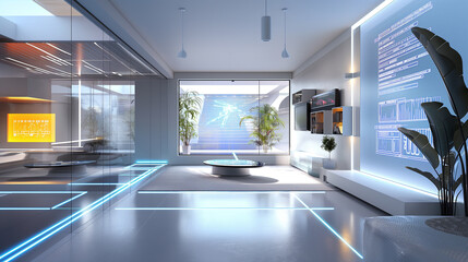 software codes augmented reality display in futuristic modern office tech environment, cyber tech background 
