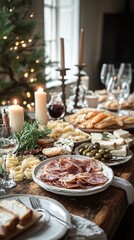 Poster - A rustic table spread with Italian dishes including fresh pasta olives and bruschetta creating a communal dining experience with side empty space for text Stockphoto style