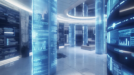 software codes augmented reality display in futuristic modern office tech environment, cyber tech background 
