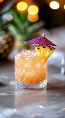 Poster - A refreshing tropical cocktail with a pineapple garnish and umbrella served on a beach background creating vacation vibes with side empty space for text Stockphoto style