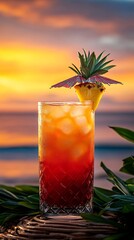 Poster - A refreshing tropical cocktail with a pineapple garnish and umbrella served on a beach background creating vacation vibes with side empty space for text Stockphoto style