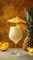 Poster - A refreshing tropical cocktail with a pineapple garnish and umbrella served on a beach background creating vacation vibes with side empty space for text Stockphoto style