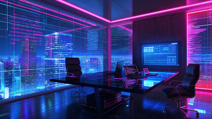 software codes augmented reality display in futuristic modern office tech environment, cyber tech background 