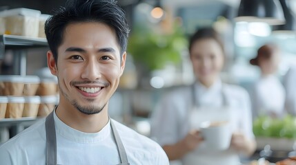 Cheerful Asian barista smiling while handing a freshly brewed cup of coffee to a satisfied customer with a QR code payment poster visible in the background of the modern cafe setting