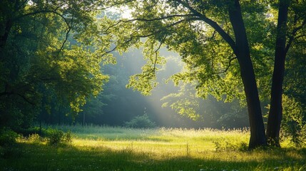 Wall Mural - Morning sunlight filters beautifully through a forest, illuminating a meadow while highlighting the natural beauty of beautiful trees during summer. Ample photo space available.