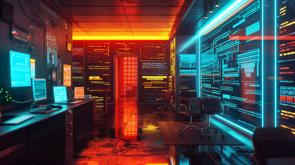 software codes augmented reality display in futuristic modern office tech environment, cyber tech background 