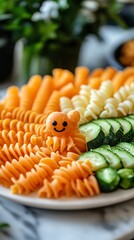 Poster - A plate of vibrant pasta primavera with fresh vegetables arranged in colorful layers capturing Italian-inspired plant-based cuisine with side empty space for text Stockphoto style