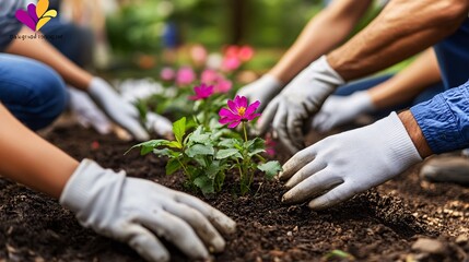 Aufkleber - Parents and young children planting flowers in a garden on a sunny day representing family teamwork and growth with side empty space for text, Stockphoto style