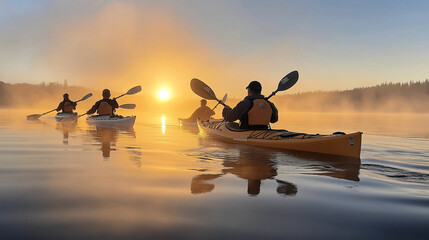 In the early morning, a group of Black kayakers paddles quietly across a tranquil lake, with mist rising from the water and the sun illuminating the horizon