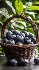 Poster - A basket filled with fresh blueberries surrounded by green leaves.