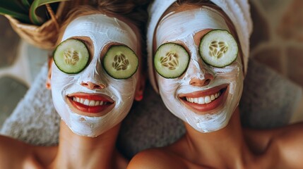 two women with masks on their faces and cucumber circles in their eyes.