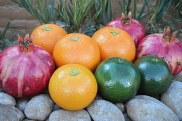 Poster - A colorful arrangement of fruits including pomegranates and oranges on pebbles.