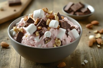 Wall Mural - A bowl of rocky road ice cream with marshmallows, nuts, and chocolate chunks.