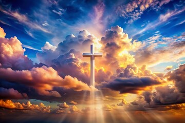 Poster - Surreal Encounter of Celestial Elements: Clouds Converge into a Cross Formation Against a Dreamlike Sky, Evoking Spirituality and Wonder in a Unique Photographic Interpretation